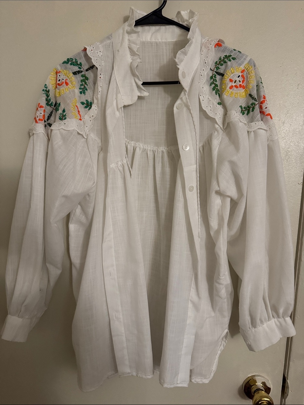 White Peasant Blouse with Colorful Floral handmade Embroidery